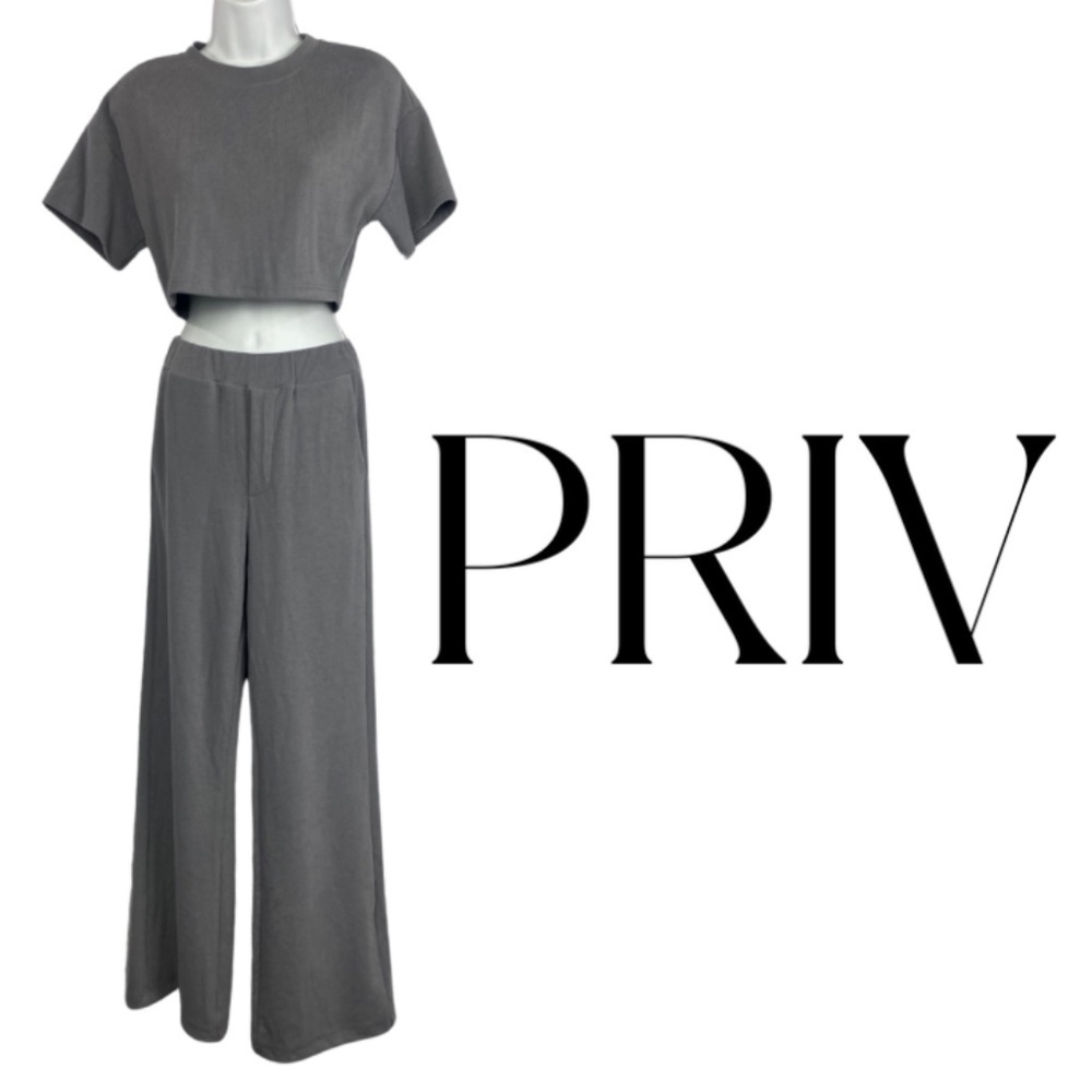 PRIV NWT Relaxed Wide Leg Pant Cropped Top Lounge Set - Grey Lavender - Size XS